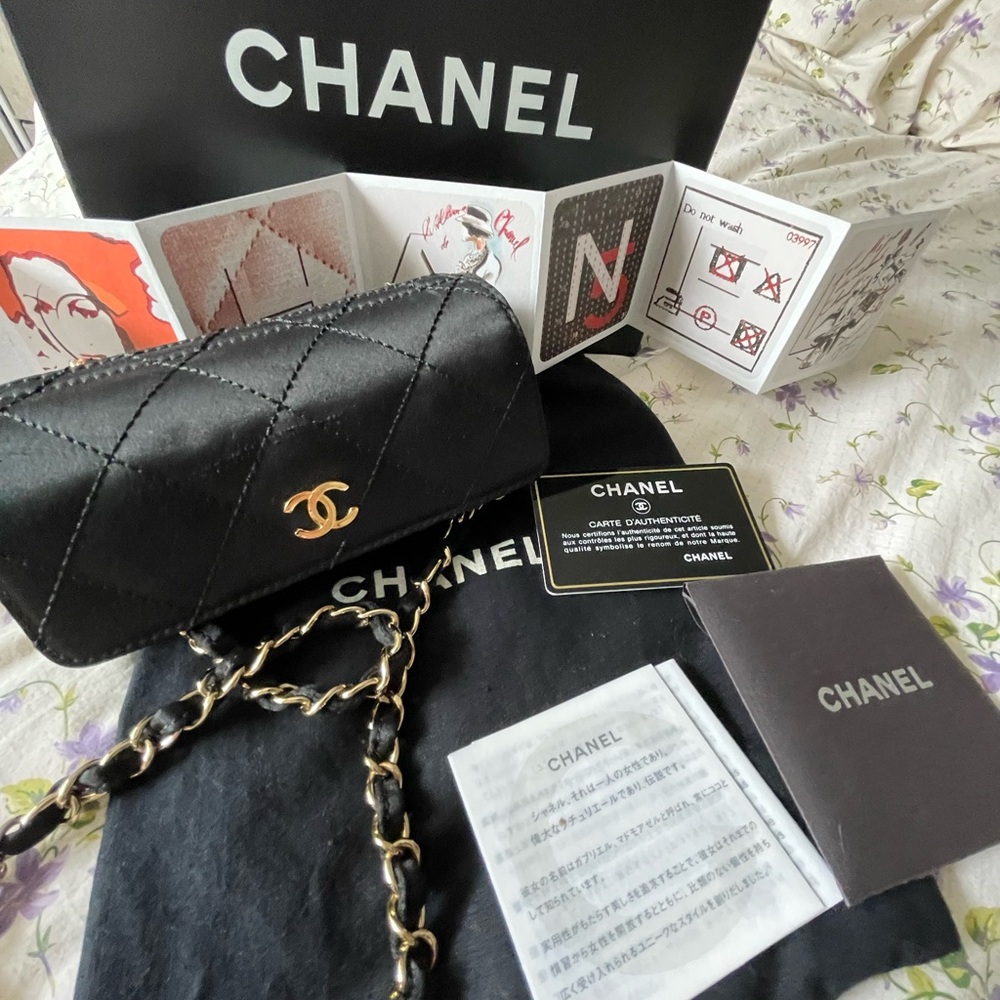 CHANEL Authentic Black Quilted Satin Barrel Bag Fair Condition